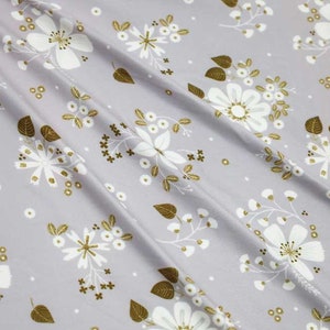 Doppelt gebürsteter Polyester-Stoff-Bulk-Lager - Romantische Blumen Silber / Weiß / Gold
