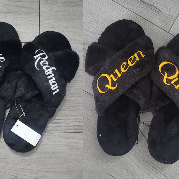 Personalised black cross women’s slippers- faux fur slippers- Any text and text colour, Embroidered slippers