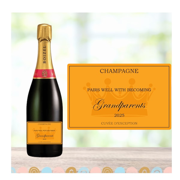 Annonce grossesse pour grands-parents. Etiquette bouteille de champagne. Existe pour tonton, tata, papi, mamie ou arrière grands-parents.