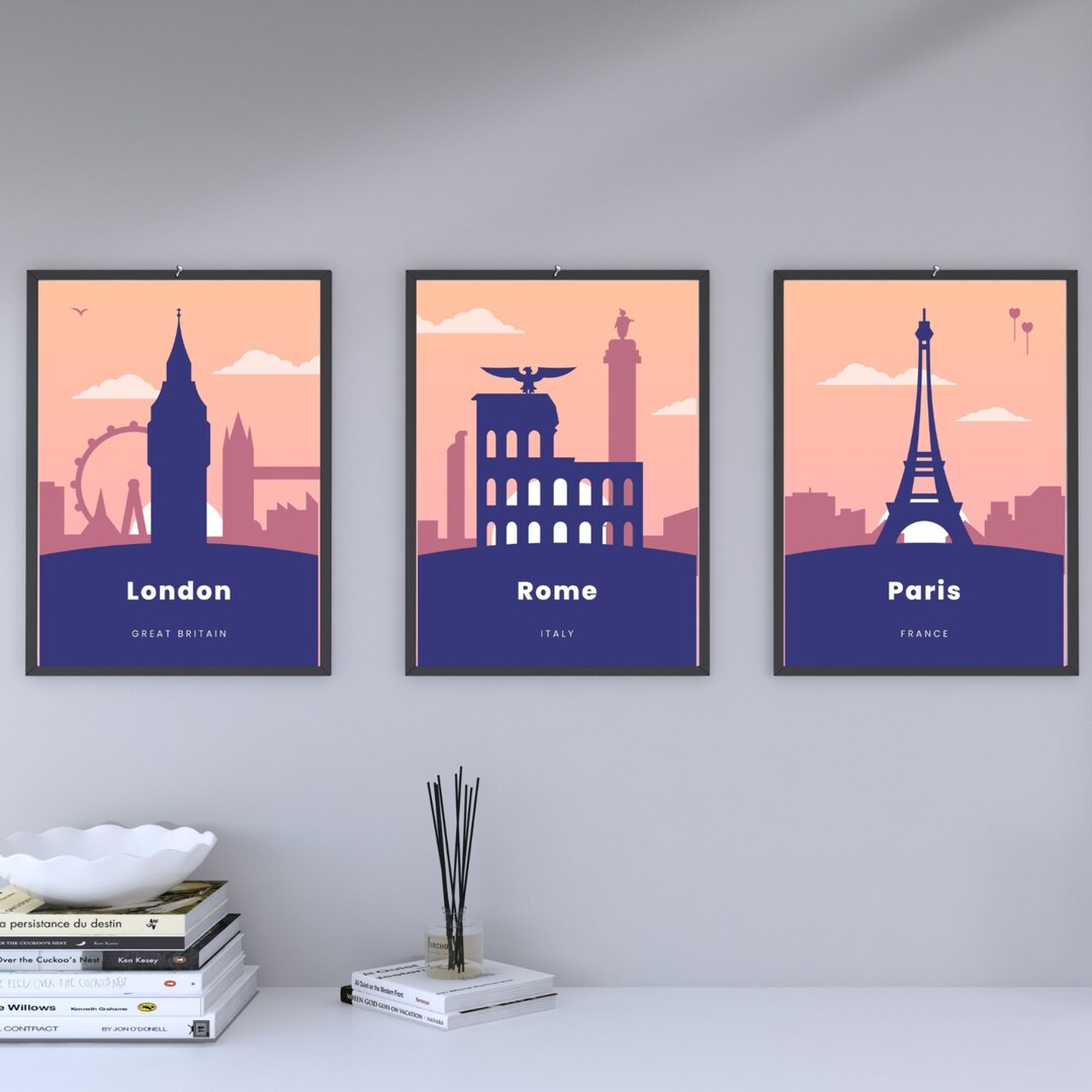 Set of 3 City Prints, London, Paris, Rome, Wall Art, Cities & Locations