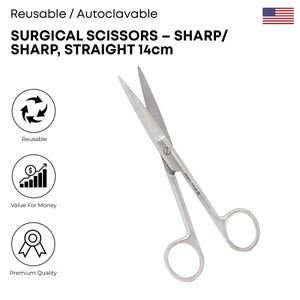 Reusable Surgical Scissors Sharp Tip Straight 14cm Stainless Steel Medical Tool