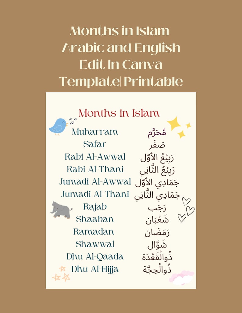 Months in Islam Islamic Calendar Arabic and English Nursery Etsy