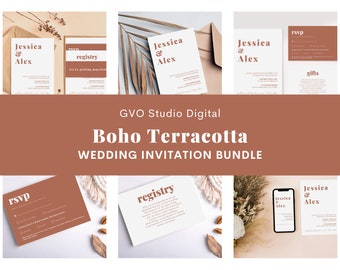 Téléchargement numérique du paquet d’invitations de mariage | Style moderne en terre cuite Boho | Plus de 30 modèles Canva entièrement modifiables | Pack d'invitation complet