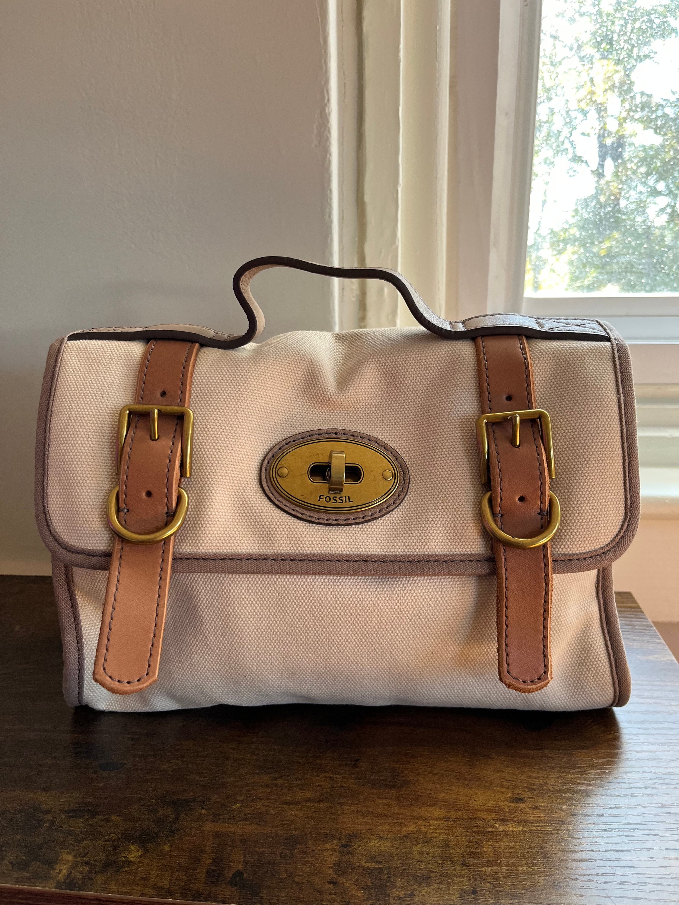 Fossil Longline Vintage Beige 54 Canvas and Leather Cross Body Bag