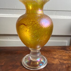Vintage Hand blown Iridescent Yellow Art Glass Vase