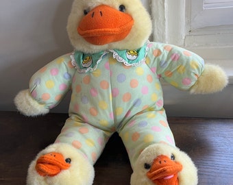 Vintage plush creations inc cute duck polka dot overalls and duck slippers plush