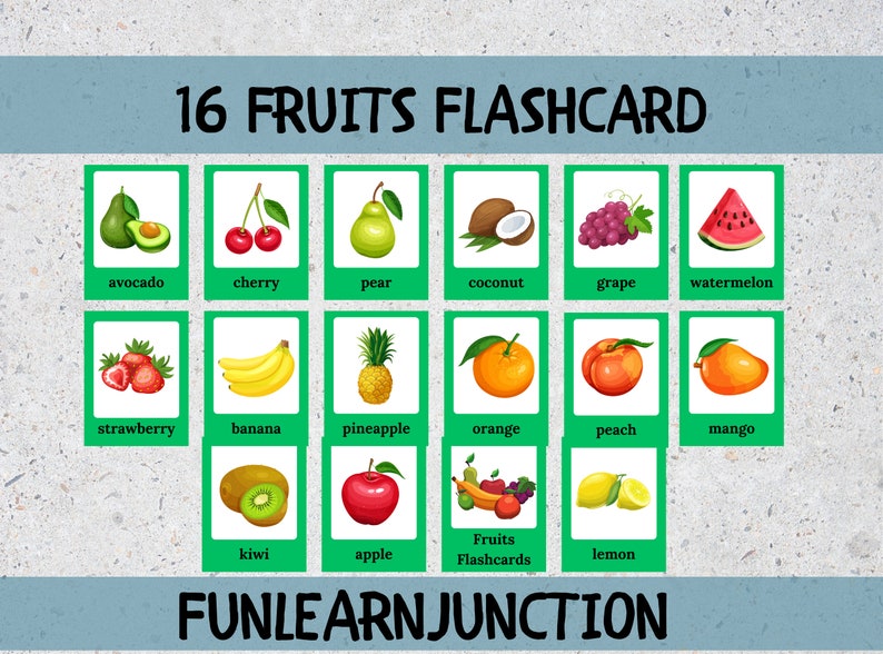 16 Fruits Cards, Fruits Flashcards, Printable Real Pictures Flashcards