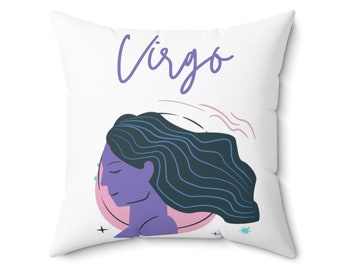 May include: White throw pillow with a purple and blue illustration of a woman with long hair and the word "Virgo" in purple script.