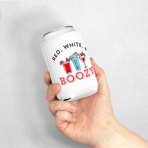 Red, White, and Boozy America Koozie, Funny Fourth of July Can Cooler Sleeve, Cute Independence Day Drinking Beer Cooler