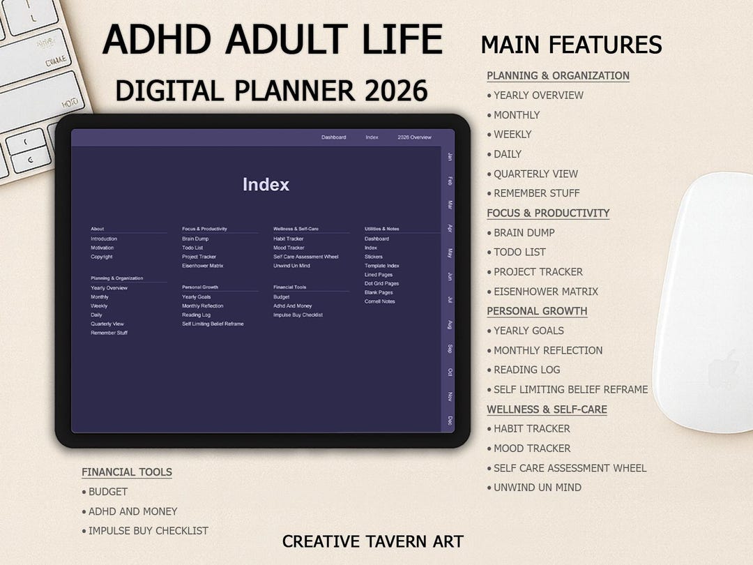 2026 ADHD Digital Planner Dark Mode | Goodnotes iPad Journal - Etsy