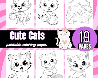 Cute Cats Coloring Pages for Kids. 19  Page Cat Coloring Printable Digital Download. Printable Coloring Instant Download