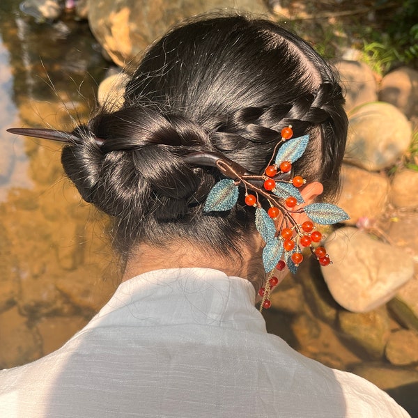 Red Bean Agate Tassels Hair Stick，Carved Sandalwood Hairpin，Embroidery Hairpin，Elegant Chinese Hanfu Hair Pins，Flower Hairpins，Mom Gift