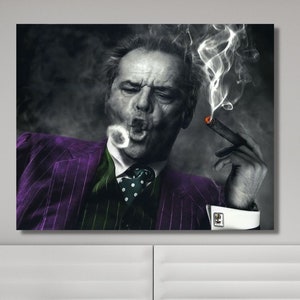May include: A black and white portrait of a man in a purple suit with a green vest and a white shirt with a polka dot tie. He is smoking a cigar and blowing smoke rings. The background is dark and smoky.