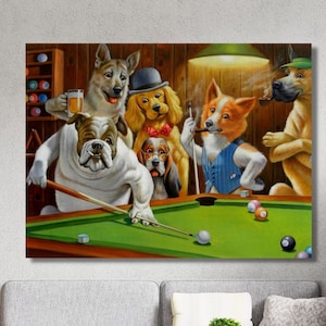 Dogs Playing Billiard  Canvas Wall Art - Poster - Dogs Bar Playing Billiard Poster Dogs at the bar Print Art ,Game Room Decor/ Ready to Hang