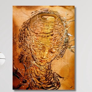 May include: Abstract painting of a face with gold and brown tones. The face is surrounded by swirling lines and shapes, creating a sense of movement and energy.