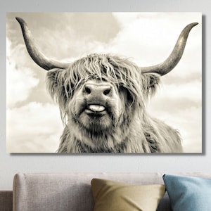 Cow With Tongue Black White Print Highland Cow Canvas Wall Art , Farmhouse Decor Rustic Wall Decor  Animals Painting Scottish Cow Wall Art