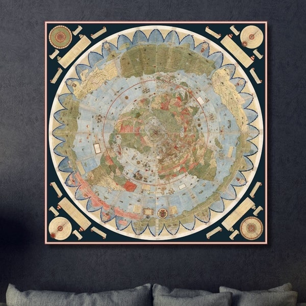 Antiguo lienzo de mapa de la Tierra plana, impresión de cartel de mapa mundial vintage, 1587 por cartel de Monte Urbano, mapa antiguo del siglo XV, gráfico de pared de mapa mundial grande