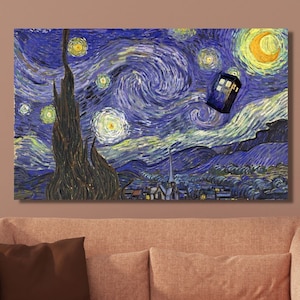 Doctor Who TARDIS Ready to Hang Canvas Wall Art /Van Gogh Starry Night Inspired - Home Decor - Whovians Fandom Gift - TV Series - Poster