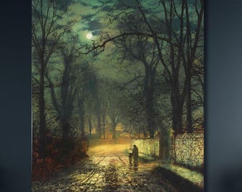 John Atkinson Grimshaw "A Moonlit Lane" (1874) Framed Canvas Wall Art Painting  Print