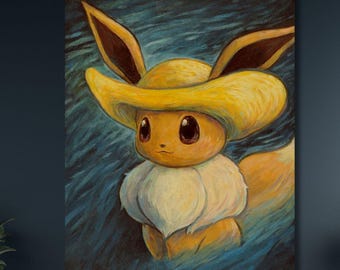Eevee Van Gogh Famous Artwork Reproduction Ready to Hang Canvas Wall Art Aesthetic Home Decor Gift Print Giclée Pikachu Painting Decor