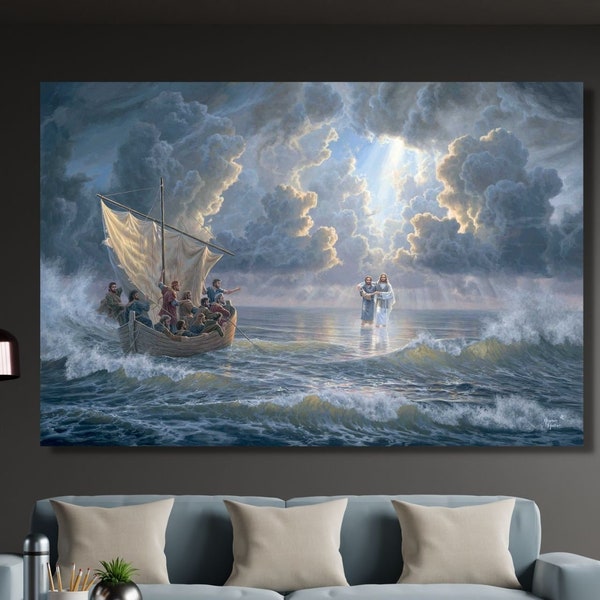 Jezus loopt op de zee klaar om canvas muurkunst op te hangen, poster, kunstprint, schilderij christelijke muurkunst Jezus foto, kerkmuurkunst