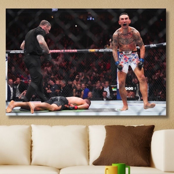 Max Holloway KO di Justin Gaethje UFC Wall Art pronto da appendere, tela di Max Holloway, poster di Max Holloway, decorazione della parete della palestra, arte della parete del fitness