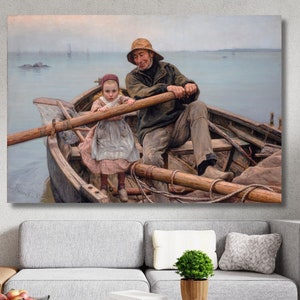 Emile Renouf Helping Hand 1881 Poster Print Art,The Helping Hand by Émile Renouf Canvas,Vintage Art Print ,Old Fisherman Helping Young Girl