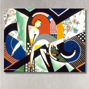 May include: Abstract cubist painting featuring a woman in a blue and white dress with a red, white, and black background. The painting is titled "The Thunder Shower" by Fernand Léger.