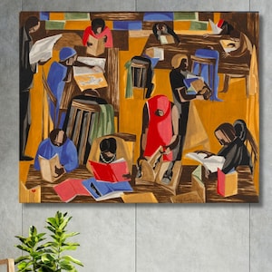May include: An abstract painting depicting a library scene with figures reading books. The artwork features a warm color palette with shades of yellow, red, blue, and black. The figures are dressed in various colors, and the books are open.