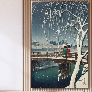 Hasui Kawase Evening Snow, Edogawa River 1932 Reproduction Canvas Art, Japanese Canvas, Tree Lined Road, Forest Wall Art, Japanese Wall Art