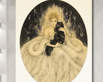 ルイ・イカール作「黒猫を抱く女性」アールデコプリント：シックな猫