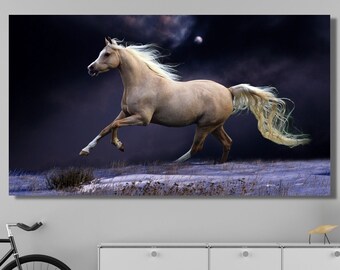 Running White Horse Ready to Hang Canvas Wall Art, Running Horse Wall Art, Poster, Art Print - Horse Home Decor- Extra Large Wall Art