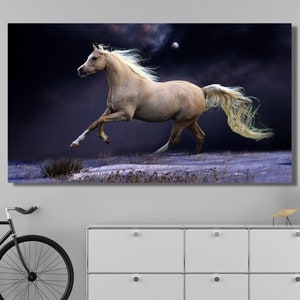 Running White Horse Ready to Hang Canvas Wall Art, Running Horse Wall Art, Poster, Art Print - Horse Home Decor- Extra Large Wall Art