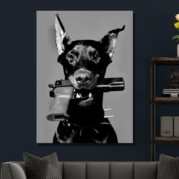 Hypebeast moderne noir blanc doberman gun toile art mural affiche chien art mural chien affiche impressions peinture sur toile art mural photo doberman