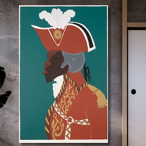 May include: A painting of a Black man in a red and gold military uniform with a white feathered hat. The background is teal.