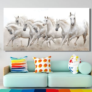 7 Running White Horses Ready to Hang Canvas Wall Art, 7 Running Horses Wall Art, Poster, Art Print - Home Decor- Extra Large Wall Art