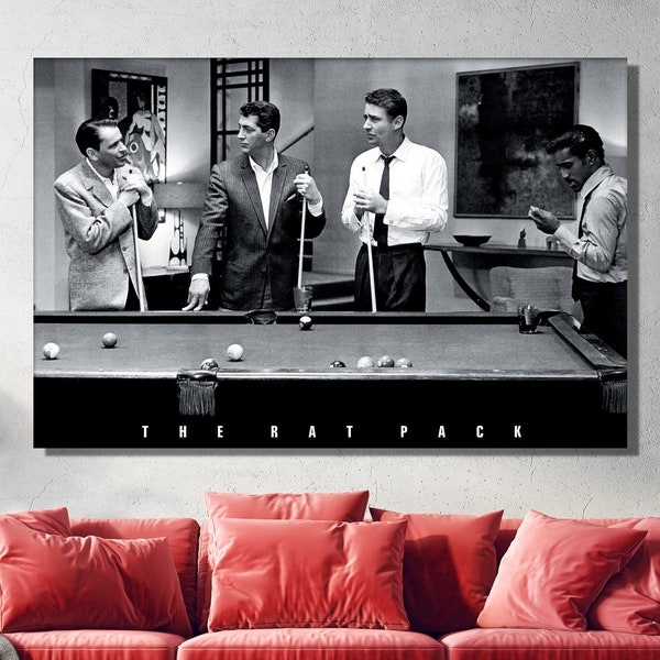 The Rat Pack Ready to Hang Canvas Wall Art, Frank Sinatra, Dean Martin, Sammy Davis Jr. and Peter Lawford Playing Pool Poster, The Rat Pack