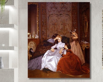 アンティーク絵画　1885年　フランス版画　ラ・レヴュ・ドゥ・ラ・モード額縁 オーギュスト・トゥールムーシュ : ラ・フィアンセ・ヘジタント、気の