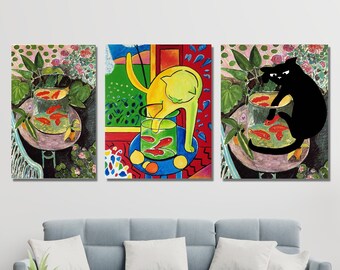 Conjunto de 3 lienzos de Henri Matisse "Pez y gato" para pared, impresión de Matisse, póster de Henri Matisse, impresión de exposición, pintura de Matisse, arte mural de Matisse.