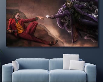 Joker Michalengalo The Creation of Adam Ready To Hang Canvas Wall Art Extra Large Wall Art Dinning Room Wall Decor Comic Poster