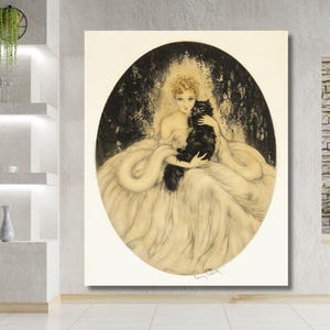 ルイ・イカール作「黒猫を抱く女性」アールデコプリント：シックな猫