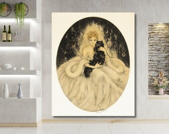 ルイ・イカール作「黒猫を抱く女性」アールデコプリント：シックな猫