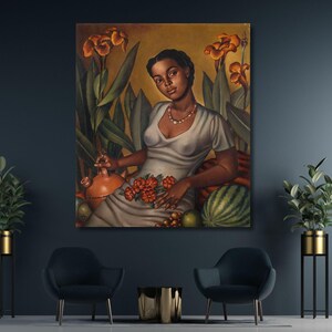 May include: A painting of a woman in a white dress sitting amongst green plants and fruit. She is wearing a pearl necklace and has a dark complexion. The background is a warm yellow.
