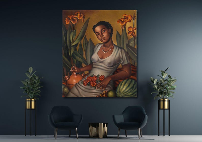 May include: A painting of a woman in a white dress sitting amongst green plants and fruit. She is wearing a pearl necklace and has a dark complexion. The background is a warm yellow.