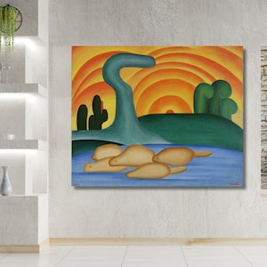 May include: A rectangular canvas painting featuring a stylized landscape with a blue body of water in the foreground containing several tan, rounded rock-like shapes. A green hill, a tall curved teal structure, and a vibrant orange sunset background.