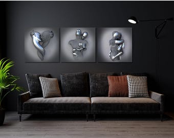 Set van 3 liefdeshart canvas muurkunst, canvas 3D-effect, liefde hart kunst aan de muur, knuffelen paar schilderij, paar muur decor, canvas liefde hart kunst