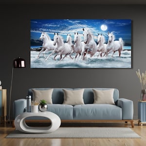 The Running Horses Wall Art,Running White Horses Canvas Wall Art, Poster, Moon Wall Art - Home Decor- Colourful Print Canvas Ready to Hang