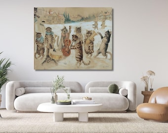 Louis William Wain - Carol Singing Cats Ready To Hang Canvas Art, Vintage Cat Painting, Cat Canvas, Cat Wall Art, Reproduction Canvas Print