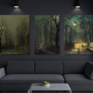 Set of 3 John Atkinson Grimshaw Framed Canvas Wall Art John Atkinson Grimshaw Poster Print, Moonlight and Shadow Vintage Home Decor Painting
