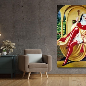 Monja italiana fumando un cigarrillo de Clovis Trouille. Impresión en lienzo enmarcado de alta calidad. Arte de pared. Póster de Clovis Trouille. Impresión vintage para decoración del hogar.